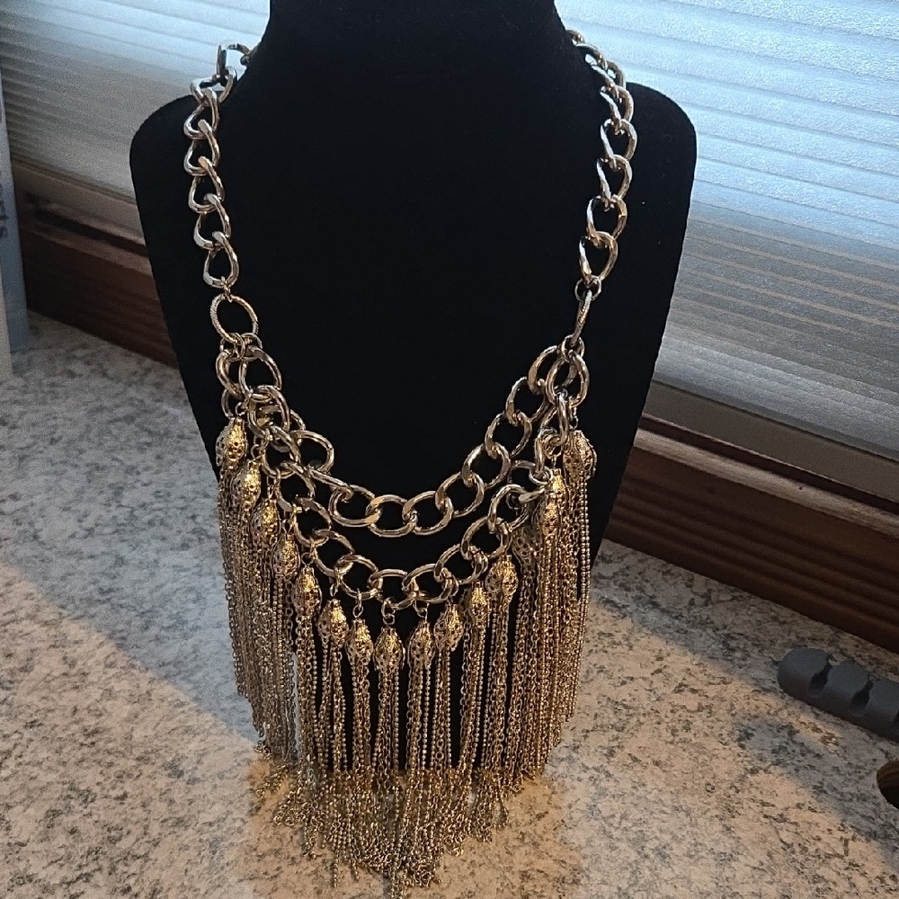 Chico's Silver Statement Fringe Necklace